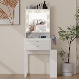 Туалетний столик YOURLITE з LED-підсвіткою, дзеркалом і розеткою, скляною стільницею та шухлядами, регульованою яскравістю, боковою шафкою і тримачем для фена, білий