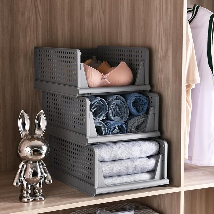 RMAN 4-Piece Closet Organizer Stackable Folding Closet Organizer for Drawers, Closet Organizer, Storage Boxes, Kitchen, Bathroom (Gray)