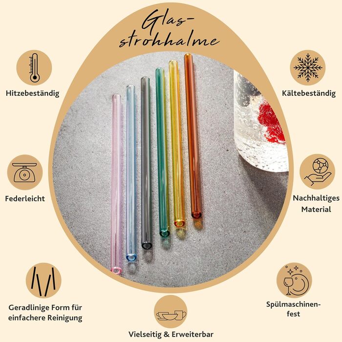 Singer | 6-Piece Glass Straws, Drinking Straws for Glasses, Reusable Straws for Cocktails, Juice & Water, Dishwasher-Safe Glass Straw, Colorful Glass Drinking Straw | 20 cm long