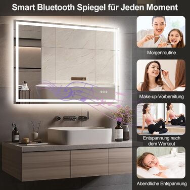 Дзеркало для ванної кімнати зі підсвічуванням 70x50 см, сенсорне управління, антизапітніння, 3 кольори світла, регулювання яскравості, Bluetooth (100x70 см)