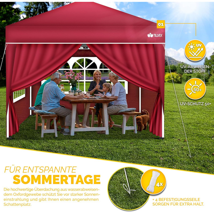 Waterproof Gazebo | Pop-Up Folding Gazebo, Adjustable Height | Garden Tent UV Protection 50+ | Party Tent with Bag for Garden (3x3m - with 4 Side Walls, Red)