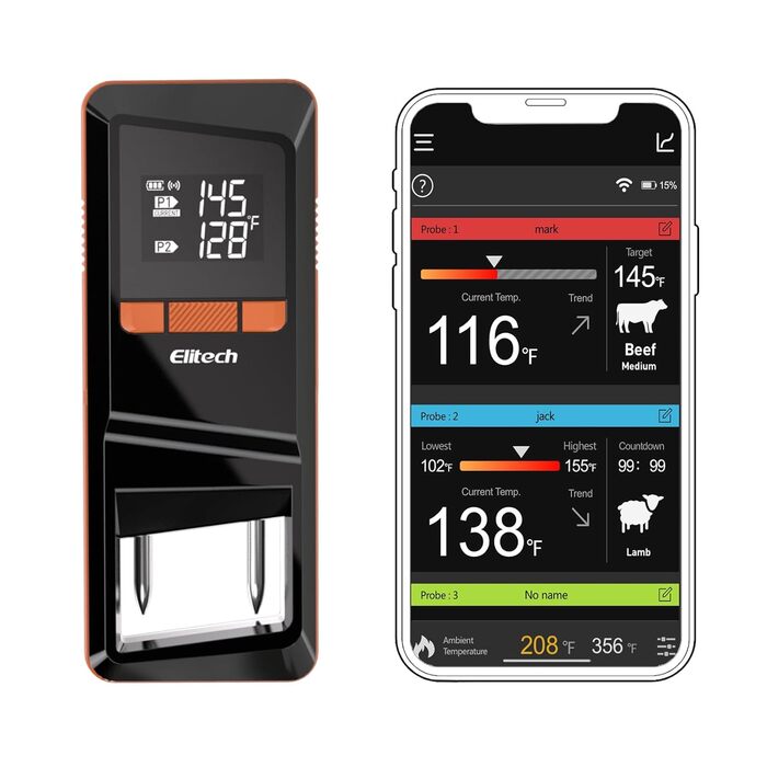 Bluetooth термометр для м'яса Elitech з двома зондами, IP67, 0-300°C, для гриля, духовки, ротисерії, фритюрниці, кухні