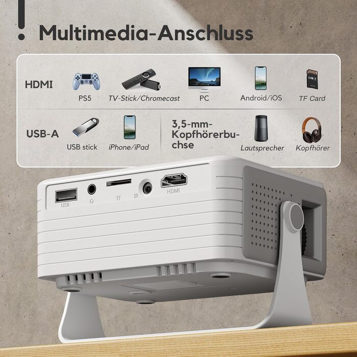 AKIYO O1 Міні проєктор: Автоматична корекція трапецеїдальних спотворень, 1080P, 360° обертів, 15000 люмен для домашнього кінотеатру, 50% зум, сумісність з USB/HDMI/TV Stick/Smartphone