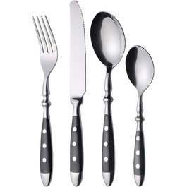 GRÄWE Stainless Steel Cutlery Set for 6 People, Heavy, Rustic, Flatware Set 24-Piece, Forged Cutlery with Black Handles - Nuremberg Series