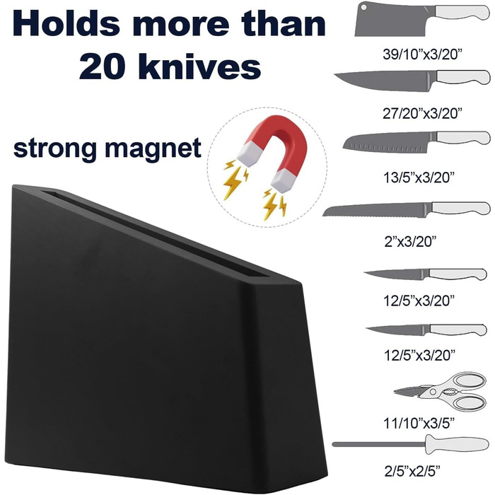 Magnetic knife block, black wooden holder, knife display holder, magnetic stand with strong improved magnets, knife strips