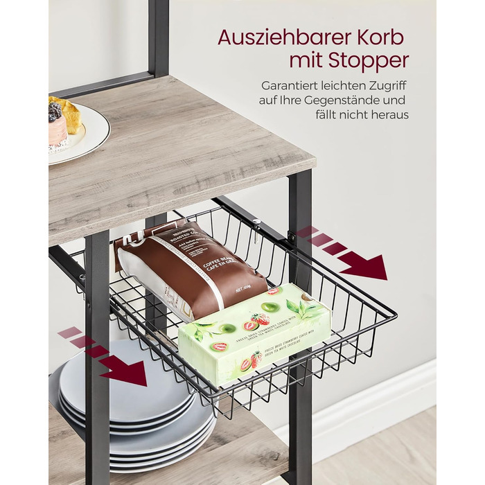 Стелаж кухонний VASAGLE, підлоговий, з магнітною смугою для ножів, кошиком, тримачем для рушників, 12 гачків, вінтажний, коричнево-чорний KKS026B01 (Грейж + Чорний)