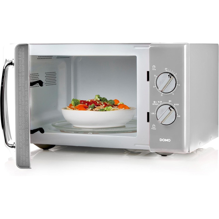 Мікрохвильова піч DOMO DO3125 Retro, 25L, 900W, білий/сріблястий, 6 рівнів потужності, таймер до 30 хв, функція розморожування, звуковий сигнал