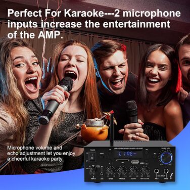 Міні підсилювач 60Вт+60Вт Bluetooth стерео, цифровий Hi-Fi аудіо підсилювач для дому та авто, USB, SD, FM, MIC, LCD дисплей, 12V/230V, 2-канальний (33BT)