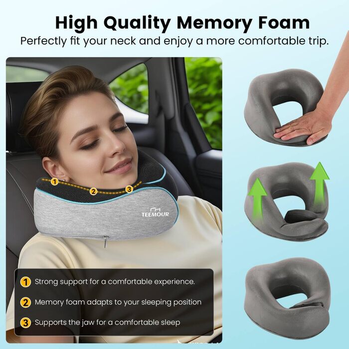 Подушка для шиї у літак Memory Foam з підтримкою 360°, набір для подорожей (очна маска, навушники, чохол), сіра