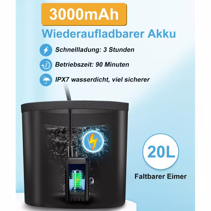 WADEO Portable Camping Shower Battery with Pump and Shower Bucket, Camping Shower with Rechargeable Battery, Mobile Shower Outdoor Showers with Shower Head, for Camping Trips, Garden, Hiking, Car Washing (Black, with 20L Container)