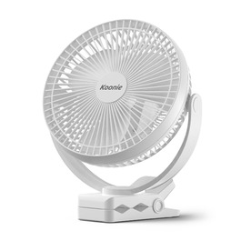 Вентилятор Koonie 10000 mAh з кліпсою, 20 см, портативний USB, акумуляторний, 4 швидкості, 360° оберт, тихий, для дому, офісу, дитячої коляски, кемпінгу, гроубокса (білий)