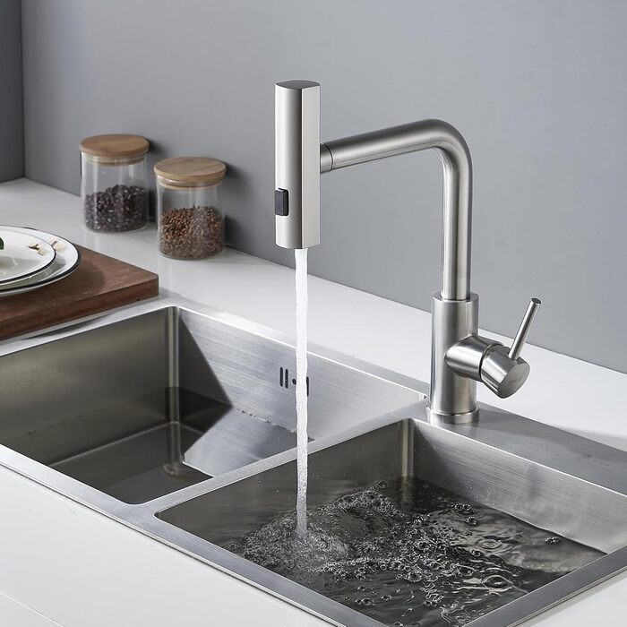 Змішувач для кухні BELZ з висувною лійкою, 3 режими, поворотний на 360°, нержавіюча сталь SUS304, матовий нікель