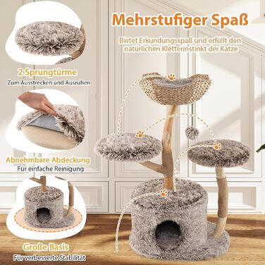 Дерев'яна кігтеточка для котів Costway 90 см з 3 м'якими місцями для відпочинку, канатом та кігтечильною колоною з джуту, 3-ярусна, з печею, білий + натуральний колір
