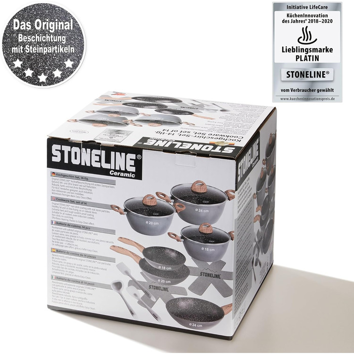 STONELINE Ceramic Cookware Set, 14-Piece, 18/20/24cm Pots and Pans, PFAS-Free, Cookware Set, Pan Set, Induction, Cookware Set with Lids, Ceramic Coating with Real Stone Particles, Wood-Look Handles, 14-Piece