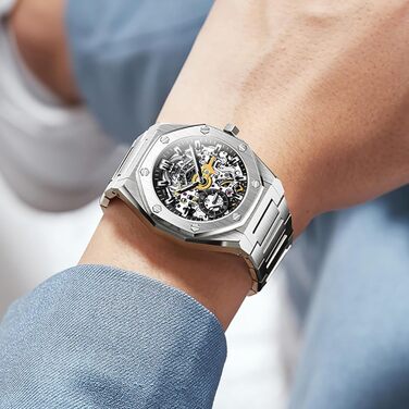 Чоловічий механічний годинник OLEVS Gold Skeleton з автопідзаводом, водонепроникний, зі сталі з діамантовим напиленням та підсвіткою (6669: Сріблясто-чорний)