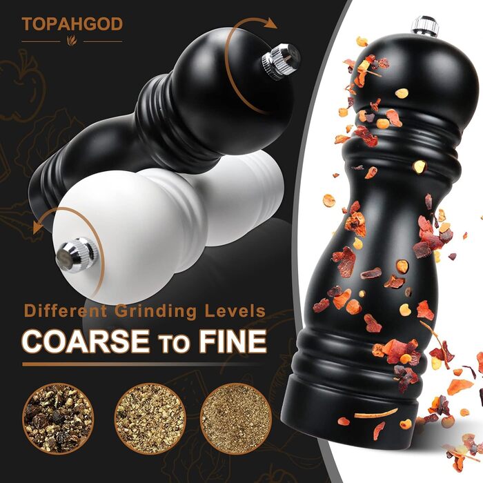 Набір з 2 мельниць для солі та перцю (соль, перець, чилі) - ручні, дерев'яні, з регулюванням помелу, класичний дизайн, чорний та білий