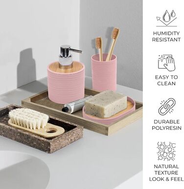 CERBIOR Набір аксесуарів для ванної кімнати, бамбуковий комплект з 6 предметів, включає дозатор для мила, тримач для зубних щіток, стакан для зубних щіток, мильниця для декоративної поверхні, подарунок на новосілля, Sriral (Рожевий)