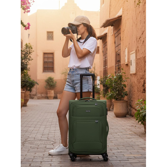 Набір валізак SMARTBOX 3 шт. для жінок та чоловіків | Легкі та стабільні валізи-ролики, якісний softcase, 4 колеса та кодовий замок | Розширювані | Колір: Slate-green, Розмір: S (56 см)