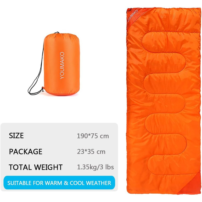 Сплячий мішок для дорослих та дітей – легкий, водонепроникний, зручний для весни, літа, осені – піший туризм, подорожі, кемпінг, темно-оранжевий