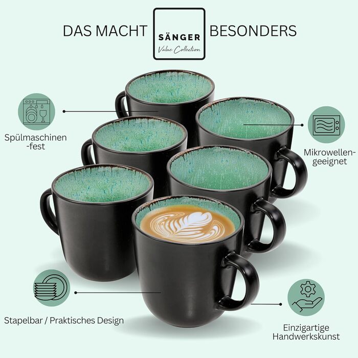 Набір кавових чашок Sänger Fiji на 6 осіб (430 мл), 6 шт. | Стеклокерамика, для кави та чаю, зелені, мікрохвильова піч, посудомийна машина
