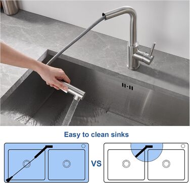 Висувна кухонна змішувач з душем, 360° поворот, нержавіюча сталь, 2 режими струменя, кухонна змішувач преміум-класу, сріблястого кольору