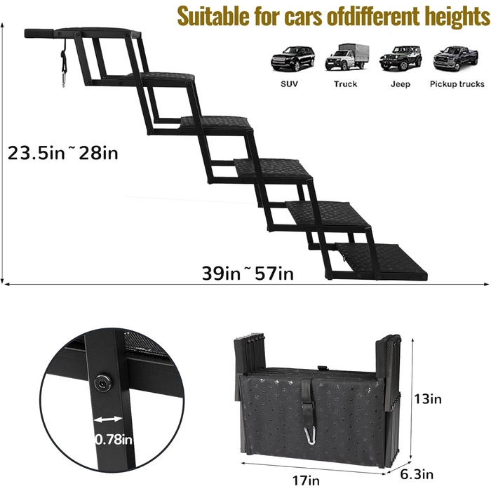 Сходинка для собак у автомобіль – складана пандус для великих собак з неслизькою поверхнею, портативна сходинка для авто, SUV, вантажівок, підтримує до 90 кг, 6 сходинок