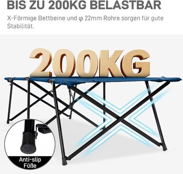 Розкладне ліжко для кемпінгу EVER ADVANCED XXL, 214 x 79 x 50 см, 200 кг, з кишенею, стабільне та портативне для відпочинку на природі та вдома (Блакитний)