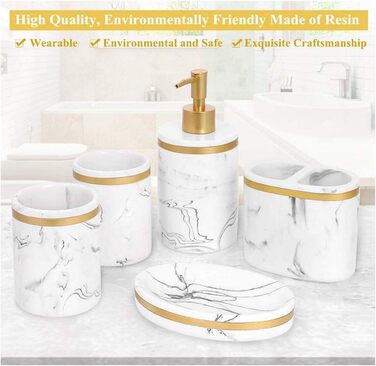 Набір аксесуарів для ванної кімнати 5 шт. з імітацією мармуру (білий + золото/чорний), включає: дозатор мила, стакан для зубної щітки, мильниця, тримач для зубних щіток, набір для ванної кімнати