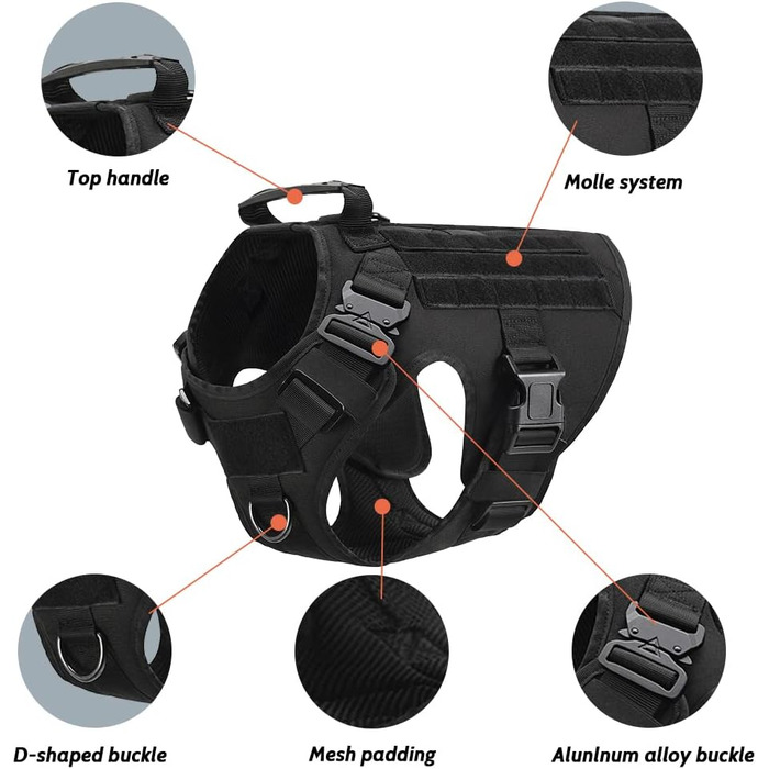 FEimaX Tactical Dog Harness with Handle Military Net Working Tactical Dog Vest Chest Harness for Large Dogs No Pull Adjustable Vest for Walks Training (Black, M)