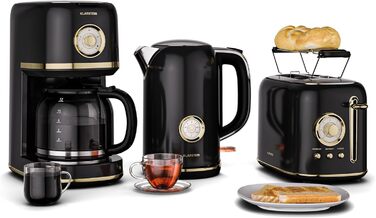 Набір тостера та чайника Klarstein Victoria, ретро дизайн, 2-х слайковий тостер з 7 рівнями підсмажування та підставка для бургерів, чайник 1.7л з фільтром від накипу, набір для сніданку, кремовий (чорний, повний комплект)