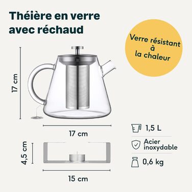 Скляний чайник для чаю SILBERTHAL з підставкою-підігрівачем та ситечком, 1.5 л