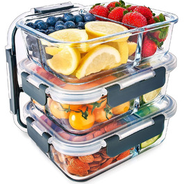 Набір контейнерів для їжі Igluu Meal Prep (3 шт.) – 980 мл, з 3 відділеннями, з боросилікатного скла, BPA-free, підходить для мікрохвильовки, духовки, морозильної камери та мийки посуду, витікання неможливе