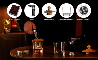 Преміум дерев'яний бокс для віскі з набором для копчення, ліхтарик, тріски, 2 склянки, набір для копчення коктейлів, подарунок для чоловіків, віскі, бурбон, День батька, ідеї подарунків на день народження