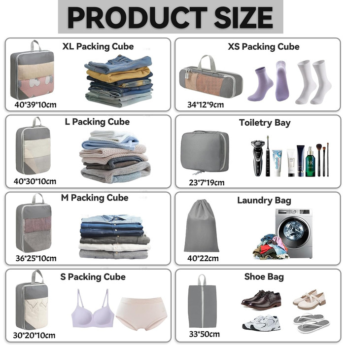 Набір органайзерів для валізи 8 шт., компресійні пакети для подорожей, сірий колір