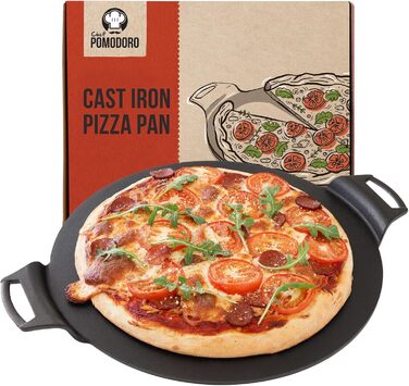 Chef Pomodoro Cast Iron Grill Pan – Cast Iron Grill Pan for Stove, Grill, Oven & Campfire – Cast Iron Pan - Pizza Pan Baking Sheet Round - Grill Plate Gas Grill - Cast Iron Pan for Gas Grill (38 cm)