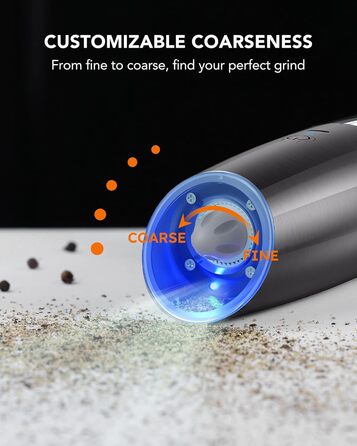 Електрична млинок для перцю та солі FORLIM з USB-зарядкою, 9oz, нержавіюча сталь, світлодіод, автоматичне помел, регулювання помолу, гравітаційний, металевий колір Gunmetal, набір