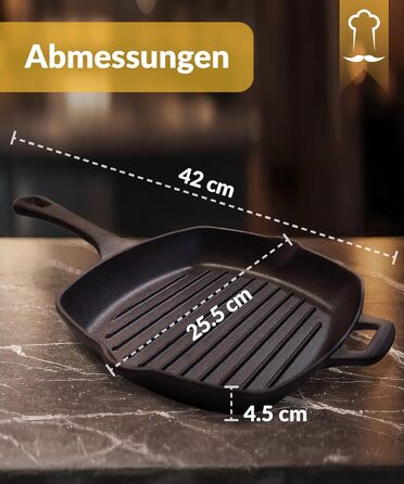 Чавунна гриль сковорода Chefarone 25.5 см з носиком – емальована сковорода для стейків, підходить для індукції, газу, склокераміки та духовки