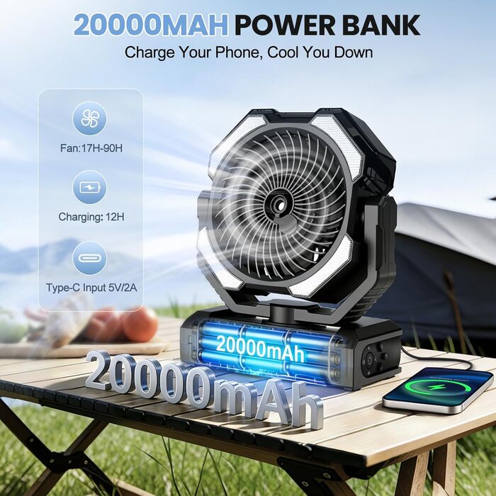Вентилятор портативний Ateroll 20000 mAh з розпилювачем, USB, пульт, LED, гачок для підвішування. Для кемпінгу, дому, тераси, подорожей - Чорний