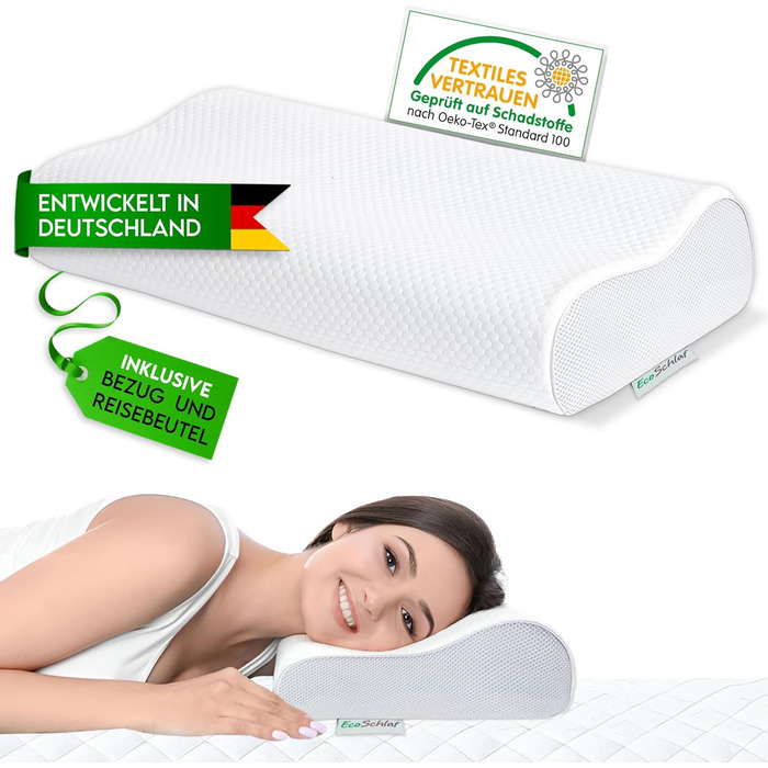 EcoSchlaf® Orthopedic Pillow 2025 Premium Neck Support Pillow – Certified – Side Sleeper Pillow Neck Pillow made of Soft Memory Foam – Ergonomic Head Pillow – Neck Pain – Height Adjustable