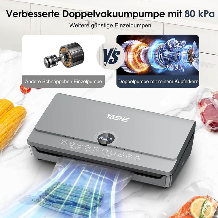 Вакуумний пакувальник YASHE 80KPA з магнітною кришкою, 10-в-1, подвійна зварювальна лінія та подвійна поршнева помпа, зберігання рулонів, для зберігання продуктів