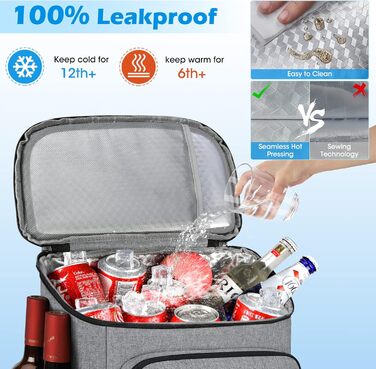 NUBILY 30L Insulated Cooler Backpack - Waterproof Cooler Bag Backpack, Large Insulated Cooler Bag, Thermo Lunch Bag for Camping, Outdoor Activities, Travel, BBQ, Hiking (Gray)