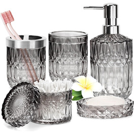 Набір аксесуарів для ванної кімнати зі скла: мильниця, дозатор мила, тримач для зубних щіток, стаканчик та контейнер для ватних паличок. Сучасний дизайн, градієнт, чорний та прозорий колір. Організатор для ванної кімнати.