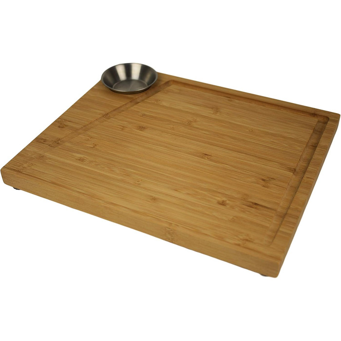 Bamboo Steak Board 2-Piece Set with Stainless Steel Sauce Containers and Juice Groove, Professional Wooden Serving Board for Meat, with 4 Non-Slip Feet, Dimensions: 30 x 25 x 3 cm