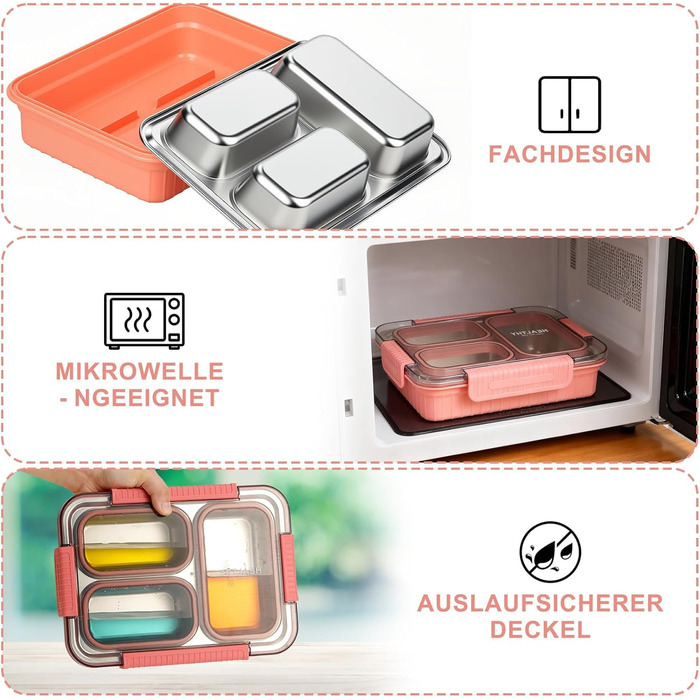 Металева ланчбокс для дітей 900 мл з 3 відділеннями, Bento Lunch Box, без BPA, для школи, дитячого садка, офісу та в дорогу