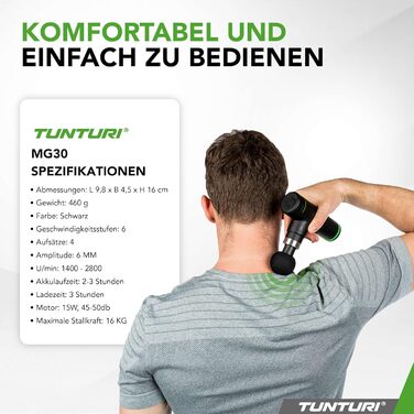 Масажер Tunturi MG30 Mini: портативний, тихий, 6 швидкостей, 4 насадки