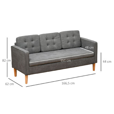 HOMCOM 3-Seater Sofa Fabric Sofa Loveseat Gray with Removable Cushions Made of Cotton and Rubberwood 166.5 x 62 x 82 cm
