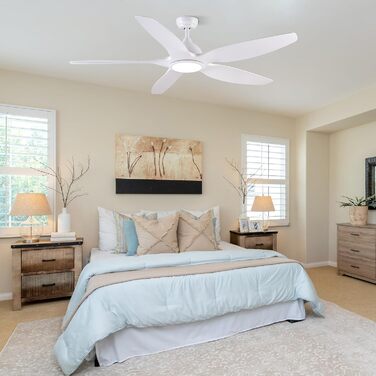 Стеляний вентилятор Newday 153 см, білий з підсвіткою та пультом керування. Безшумний вентилятор-лампа з 5 лопатями, DC мотор, реверсивний, з функцією пам'яті та плавним регулюванням яскравості світла.