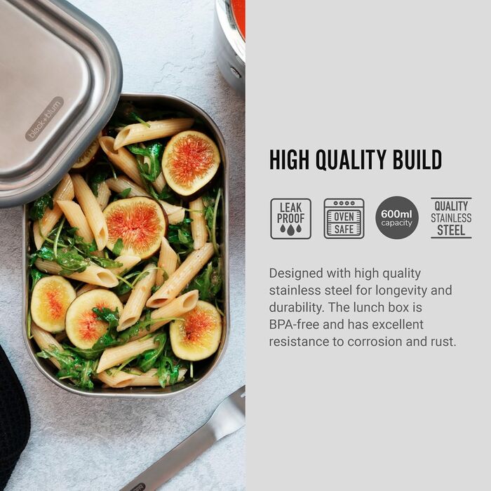 Ланчбокс BLACK+BLUM з нержавіючої сталі 600 мл, помаранчевий, 3-в-1, вакуумна кришка, герметичний, з гофелем, силіконовою стрічкою та роздільником, підходить для духовки й морозильної камери, 20x14x6 см, контейнер для їжі з відсіками