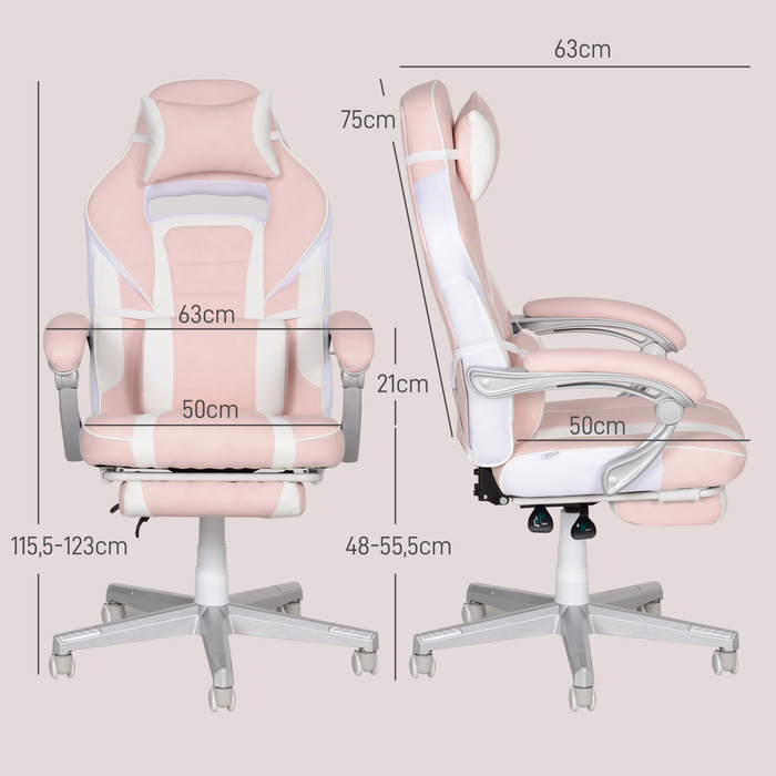 HOMCOM Gaming Chair with Footrest, Height-Adjustable Desk Chair with Head and Lumbar Cushion, Swivel Gaming Recliner with Adjustable Backrest, Faux Leather, Up to 120 kg, Pink | Aosom
