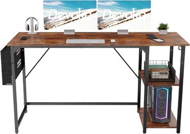 Devoko 140cm Computer Desk with Reversible Shelf, Small Desk with Headphone Hooks, Small Computer Desk for Home Office, Small Office Desk for Home Office, Vintage Brown 140 x 50 cm Vintage Brown
